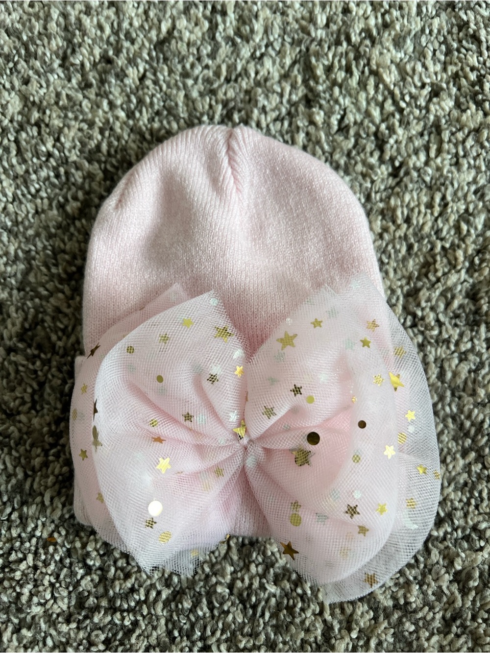 Soft Pink Baby Beanie with Gold Star Bow